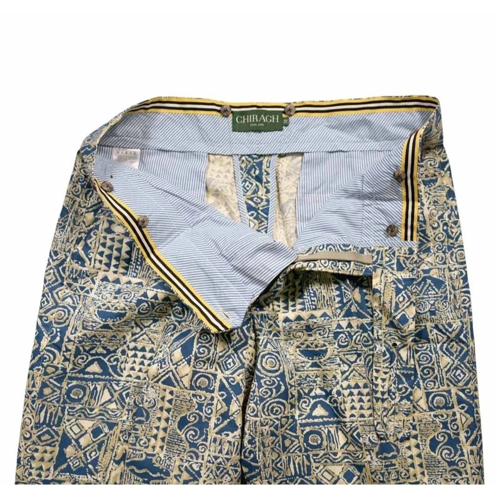 Mens Gurkha Pants 38 Blue Beige Block Print Chino Trousers Flat Front Straight